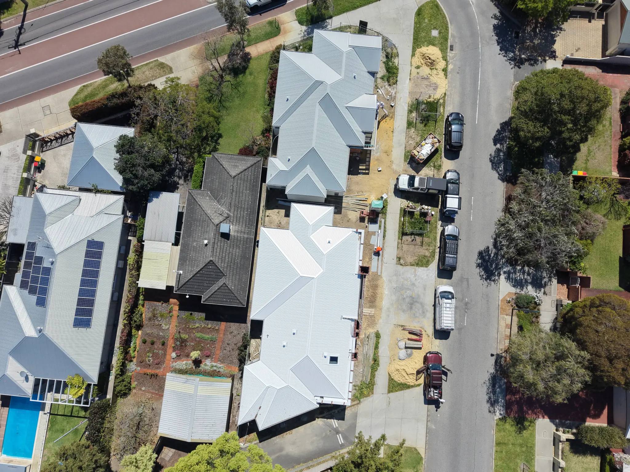 Aerial view of completed residential roofing